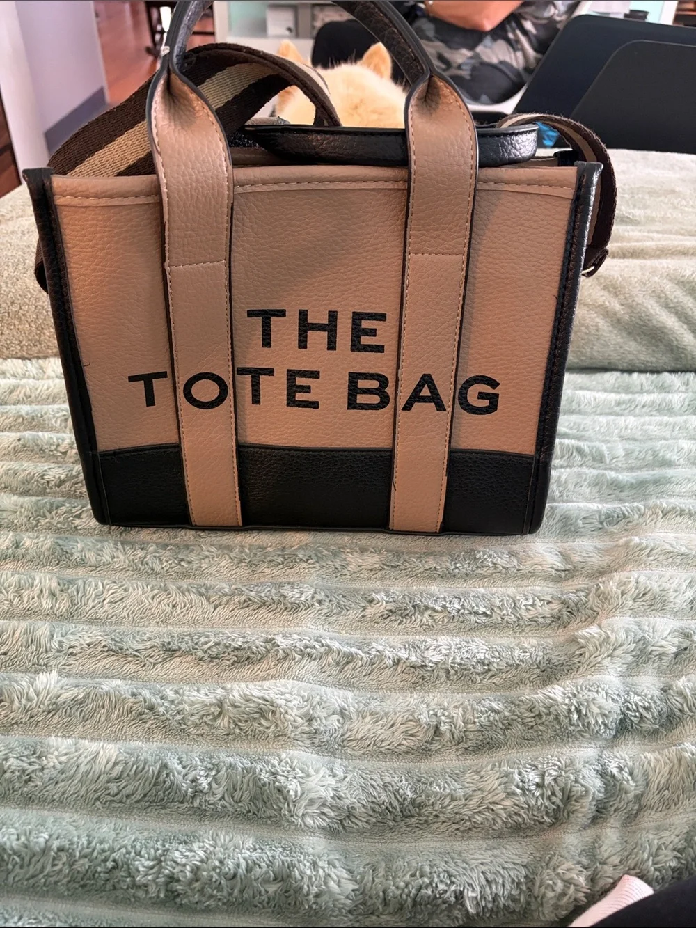 THE TOTE BAG Small Leather Tote in Beige and Black - Picture 1 of 4